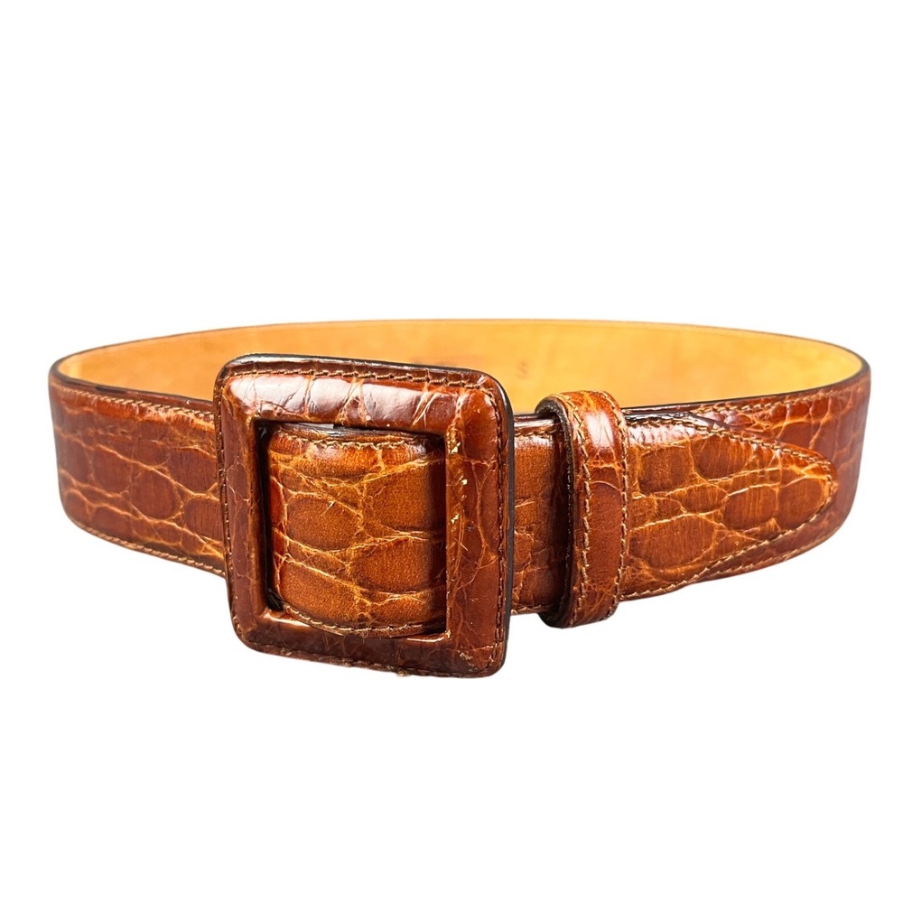 Harolds Italy Cognac Brown Crocodile Embossed Leather Square Buckle Belt Small